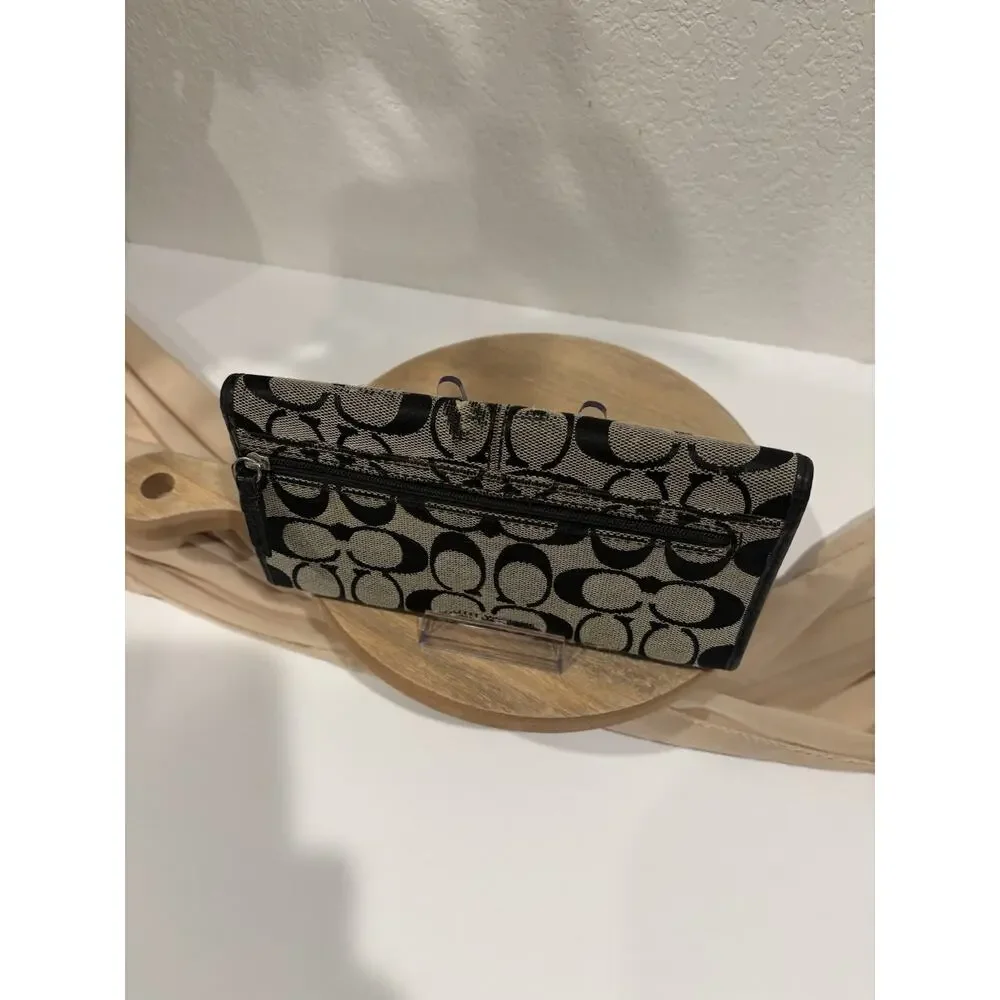 Coach Signature Black & Khaki Jacquard Trifold Wallet Checkbook Organizer